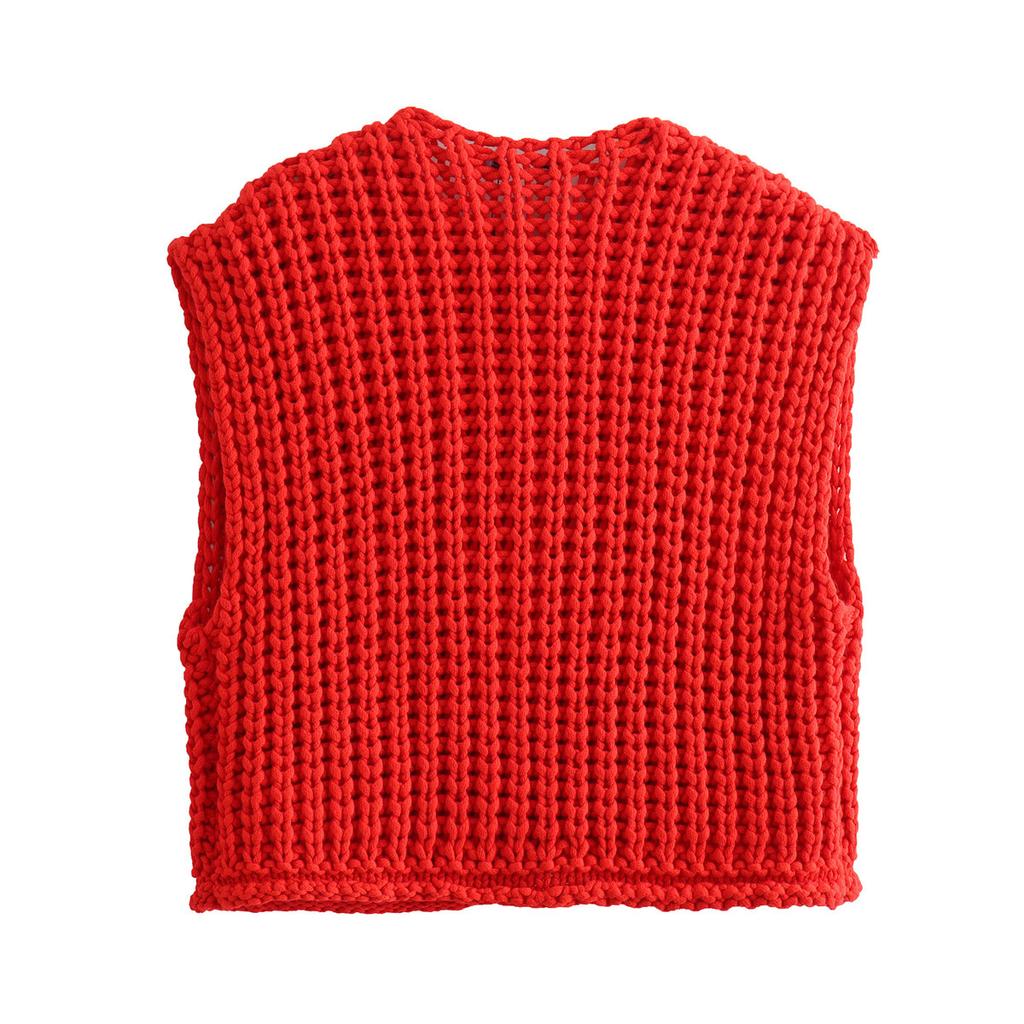 Fashion Women Knit Cardigan Vest Casual Red Sleeveless O-neck Metal Button Sweater Tank Top Lady High Street Knitted Waistcoat