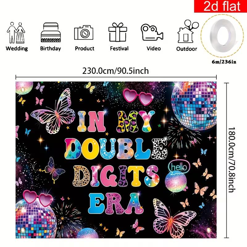 2D Disco Butterfly Happy 10th Birthday Backdrop, In My Double Digits Era Banner