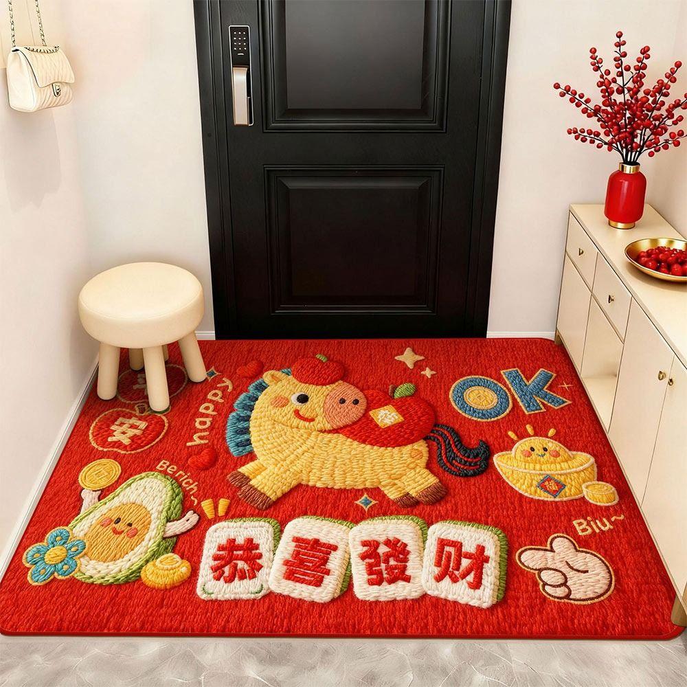 Cute Horse Pattern New Year Door Mat Non-slip Door Carpet Water Absorption Red Bath Mat Home Decorations