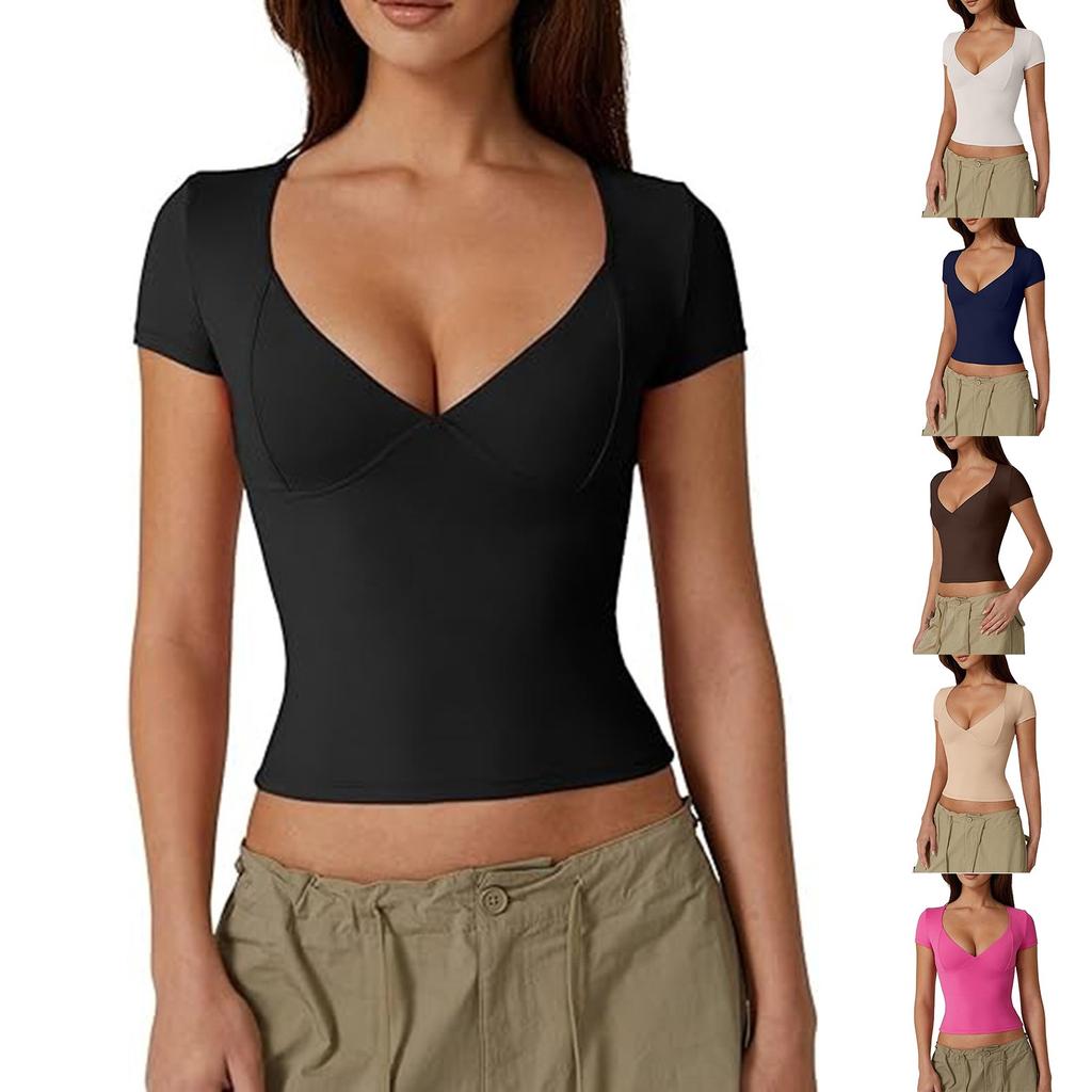 Women's Top Slim Fitting T-Shirt V-Neck Top With Bottom Short Sleeved Sexy Solor Top T-shirt