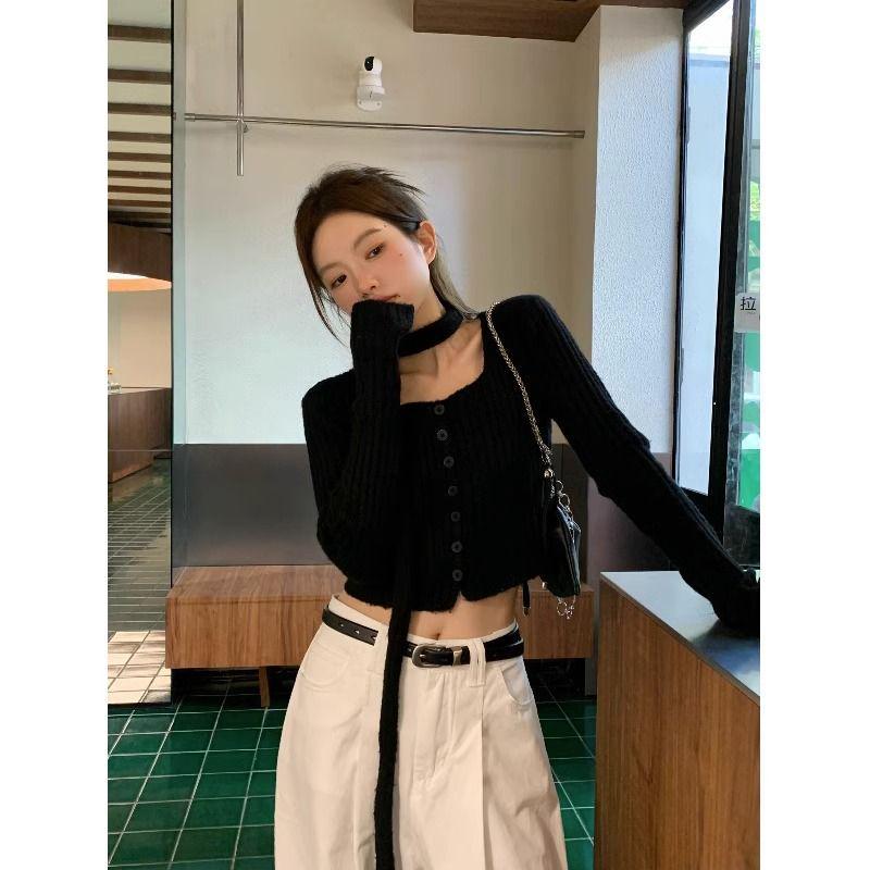 Короткий кардиган французской вязки: Утягивающий, модный длинный рукав с шарфом и квадратным воротником