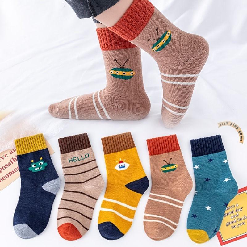 5 Pair Children's Socks Spring Autumn Boys Girls Cartoons Cute Middle Tube Socks