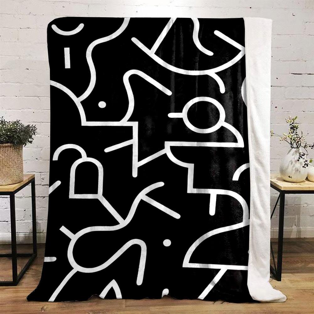 Abstract white lines and shapes on a black background, forming fluid forms. for all seasons blanket lunch break throw gift