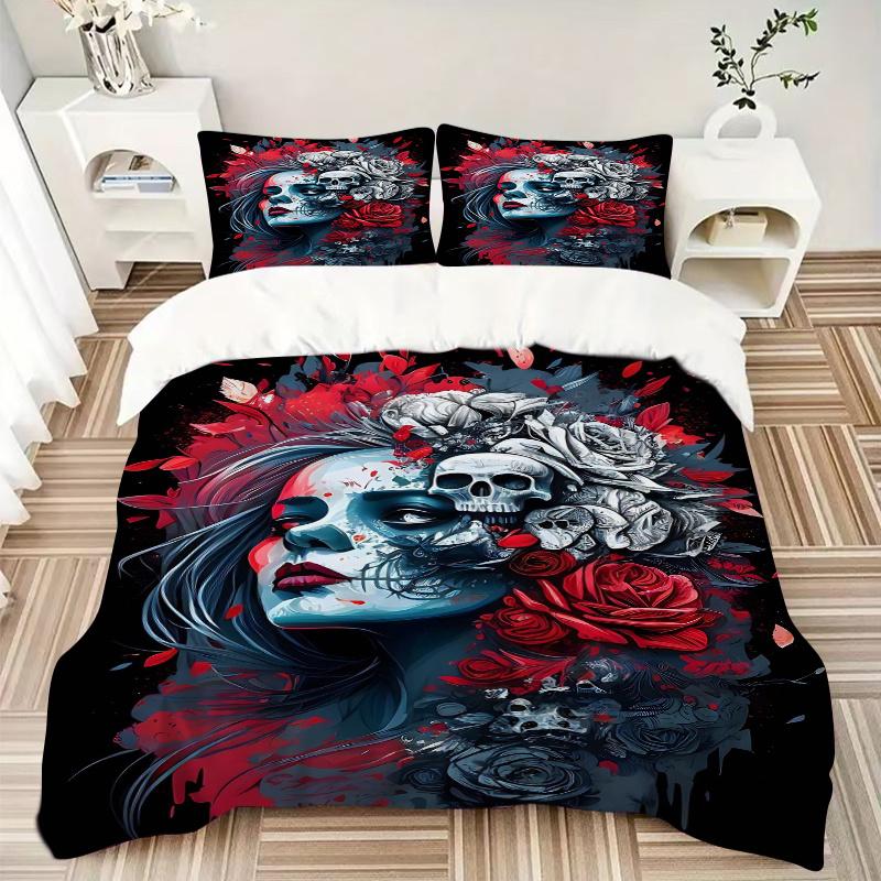 3pcs Day of the Dead Quilt Cover Set - Soft & Comfortable Polyester Fabric, All-Season Breathable Comforter Set For 1 Quilt Cover & 2 Pillowcases