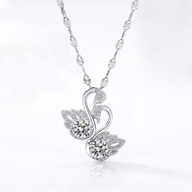 Romantic Double Swan Pendant Necklace Cubic Zirconia Silver Tone Dainty Clavicle Chain Pendant Jewelry Gift for Women Daily Birthday Valentine's Day