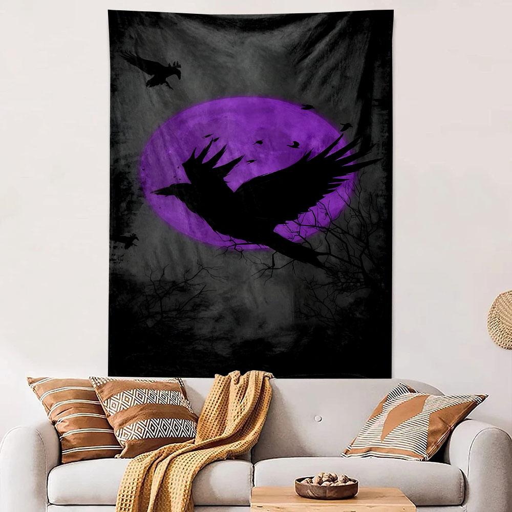 Purple Moonlit Crow Silhouette Design Patterned Tapestry Decorative Wall Hanging, Home Bedroom Living Room Decor