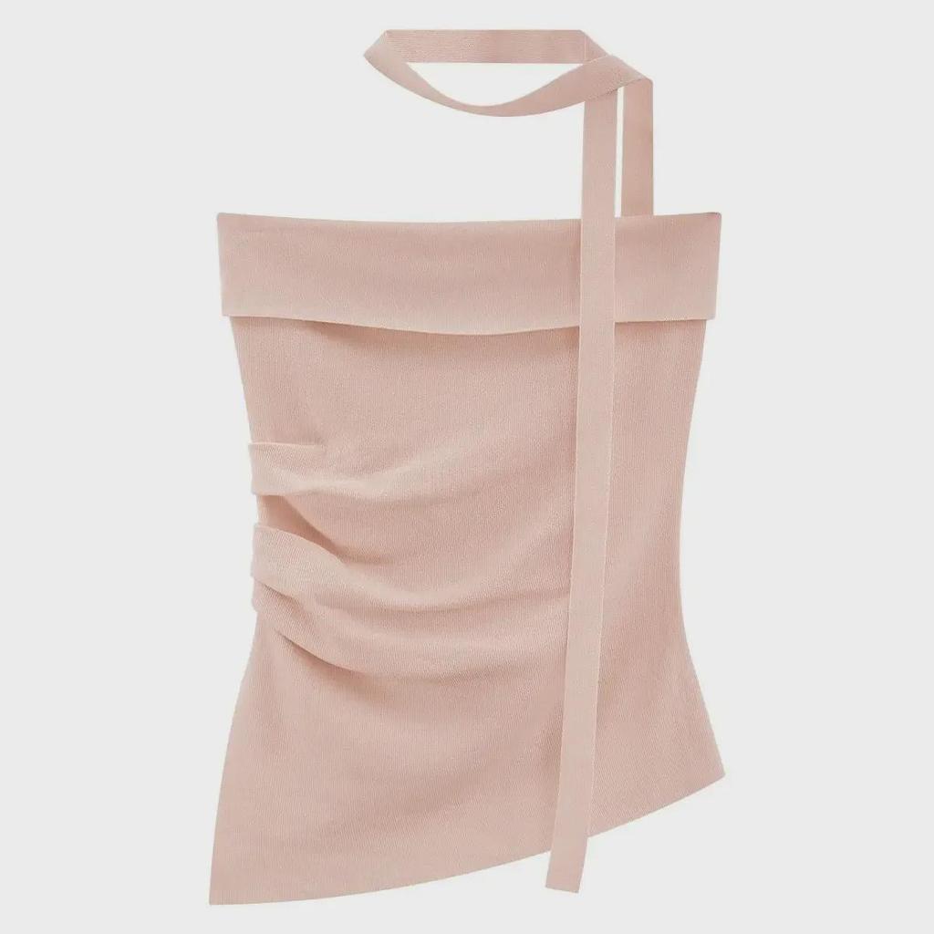 French Off-Shoulder Camisole: Summer Women's Pleated Top with Irregular Slits and Elegant Back Design