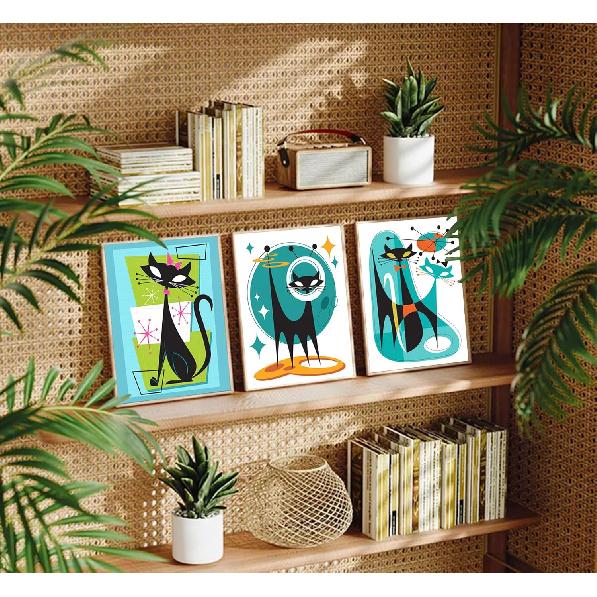 3pcs Funny Abstract Cat Canvas Wall Art Whimsical Futuristic Atomic Cats Posters Prints Modern Medieval Geometry Wall Decor Pictures for Living Room