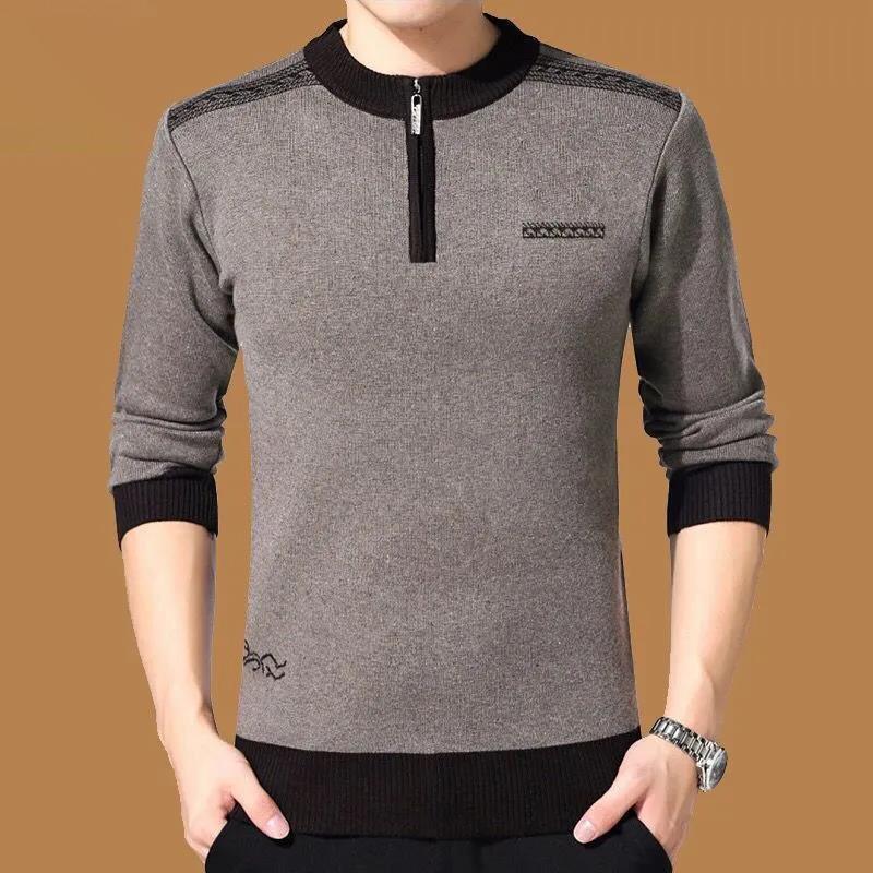 Мужской свитер с круглым вырезом, осень-зима, бархатный толстый теплый пуловер, трикотажная полосатая рубашка с половиной молнии, нижнее белье для среднего и пожилого возраста