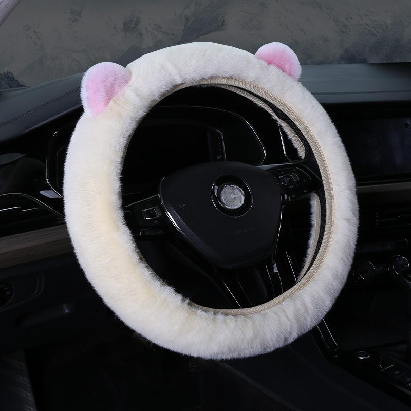 Чехол на руль автомобиля с искусственными ушками из меха кролика выдры, плюшевый чехол на ручку автомобиля, зимний теплый универсальный эластичный чехол на ручку автомобиля