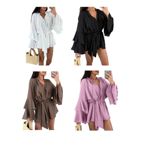 Женское летнее платье-рубашка с оборками, длинными рукавами, V-образным вырезом, короткое платье из шифона, А-силуэта, завязывающегося на талии, струящееся мини-платье
