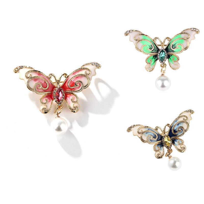 Ladies Butterfly Pin Enamel Pearl Insect Pin