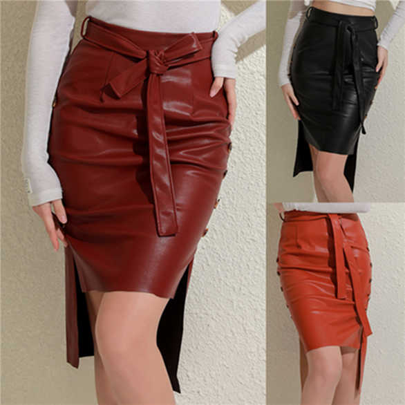 Женская сексуальная кожаная юбка на шнуровке, праздничное платье, модная однотонная повседневная облегающая юбка миди
