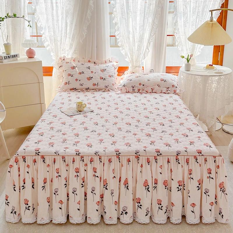 Небольшое цветочное покрывало в пасторальном стиле, белое кружевное хлопковое покрывало на кровать, комплект из трех предметов, домашний толстый стеганый противоскользящий чехол на кровать