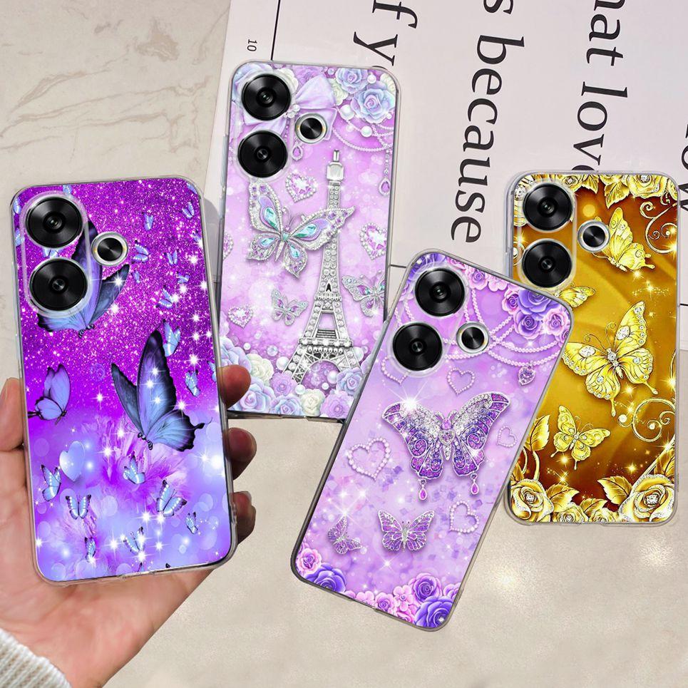 Flower Butterfly Women Fashion Back Cover For Xiaomi Redmi Turbo 3 Phone Funda Transparent Soft TPU Silicone Coque For Poco F6