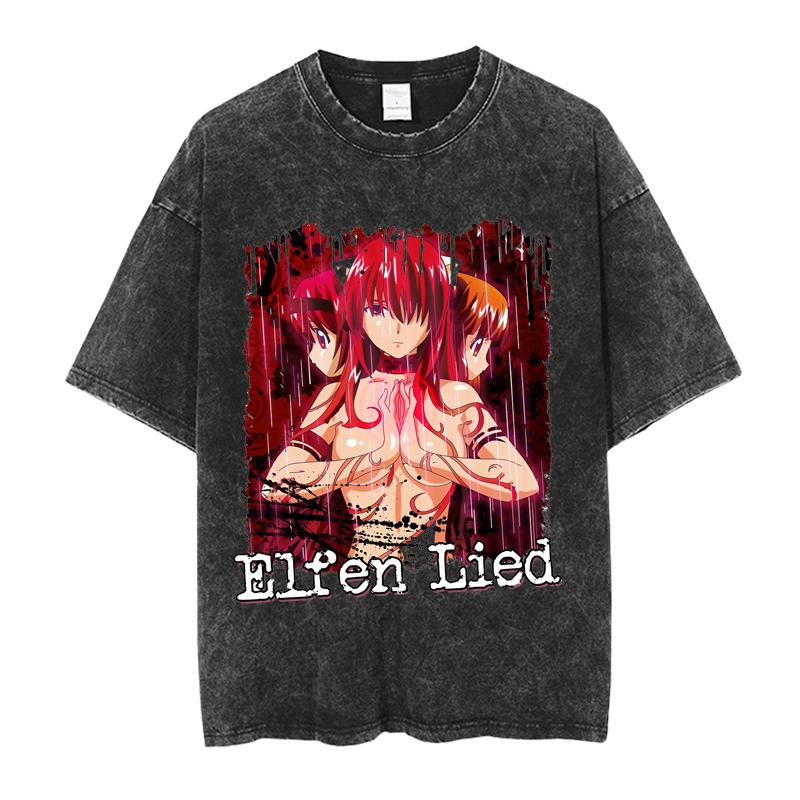 Elfen Lied Lucy Manga Graphic T-shirt Vintage Washed Oversized T Shirt Men's Women's Clothing Pure Cotton Soft Short Sleeve Tees