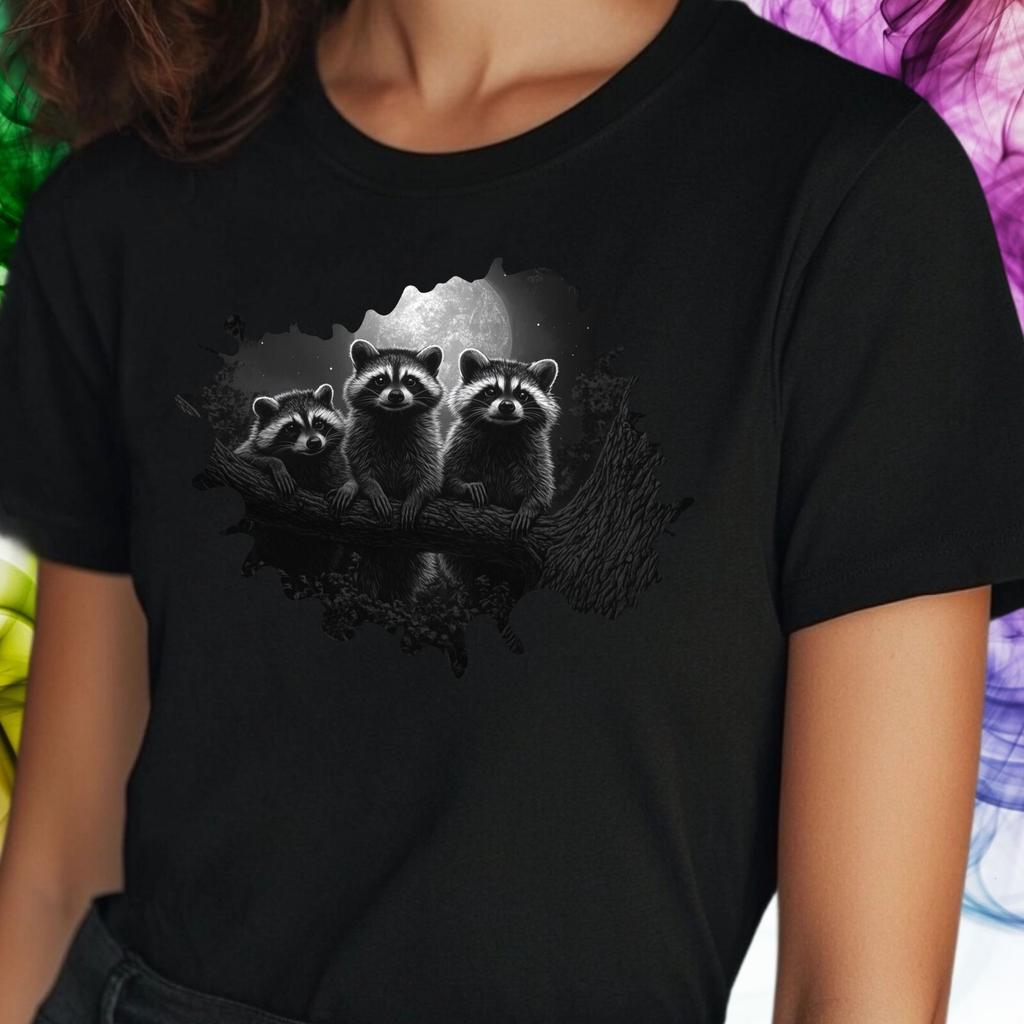 T-Shirt Frauen Waschbär heulen den Mond an Motiv Baumwolle Größe S bis 3XLWird in neuem Fenster oder Tab geöffnet