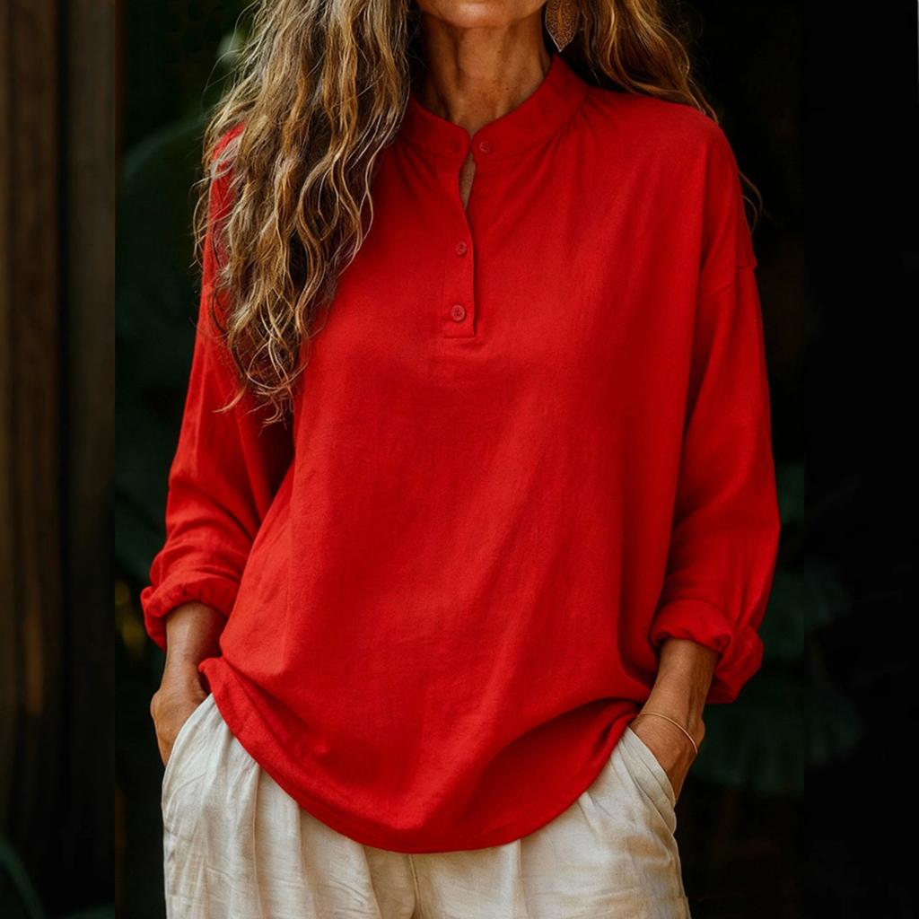 Женская модная и повседневная свободная однотонная блузка с длинным рукавом и круглым вырезом на пуговицах