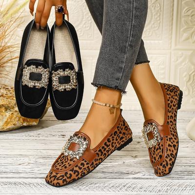 Женские балетки из ткани Flyknit с леопардовым принтом широкой полноты - Туфли слипоны с квадратным носком и кристальной отделкой, Дышащая повседневная обувь для осени