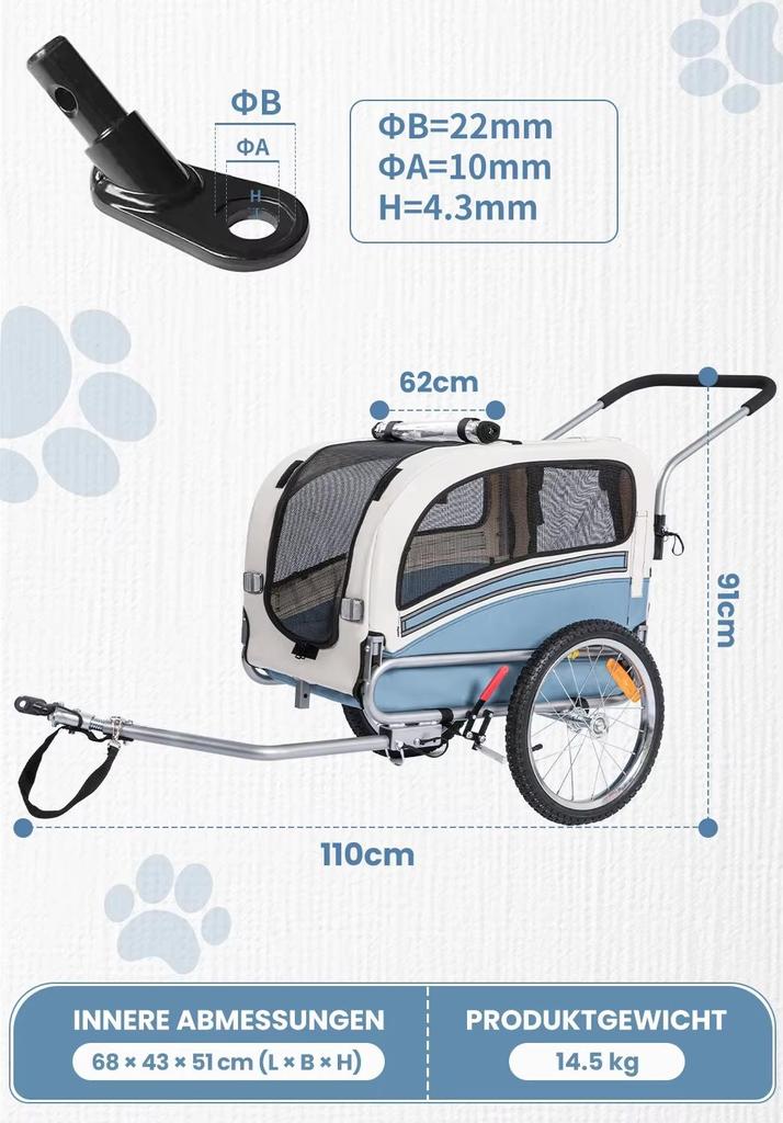 Sepnine 20303B 2-in-1 Pet Bike Trailer Jogger Foldable 30kg 16" Tires Safety Reflectors EU Stock