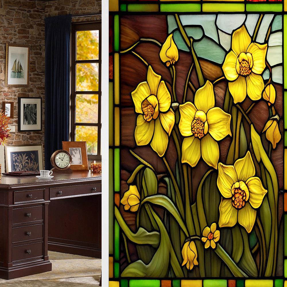 Красочная Ретро Цветок и Птица ПВХ Статическая Пленка для Окон Съемная