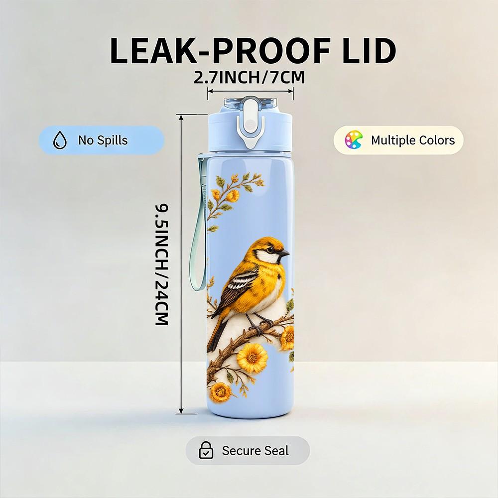 1PC Bird Perch On Sunflower Branch Print 750ml Color Plastic Sports Water Bottle Leakproof Flip Straw Lid Suitable for Sports Office Home Use