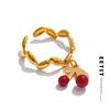 Popular Stainless Steel Irregular Resin Cherry Drop Open Ring Gold Color PVD Plated Adjustable Stylish Jewelry 2025