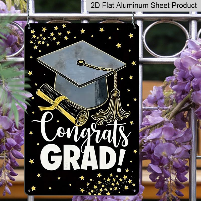2D Flat, 1pc "Congrats Grad!" Metal Wall Art Sign with Graduation Cap & Diploma - 8*12 Inch Aluminium Black & Gold Graduation Decor, Stars Themed