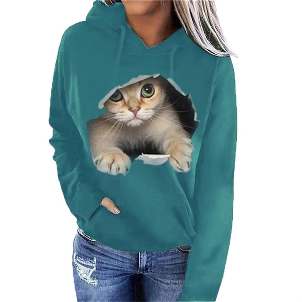 Spring And Autumn Popular European And American Women Animal Cat Pattern Hooded Sweater Fashion Trend Sweater