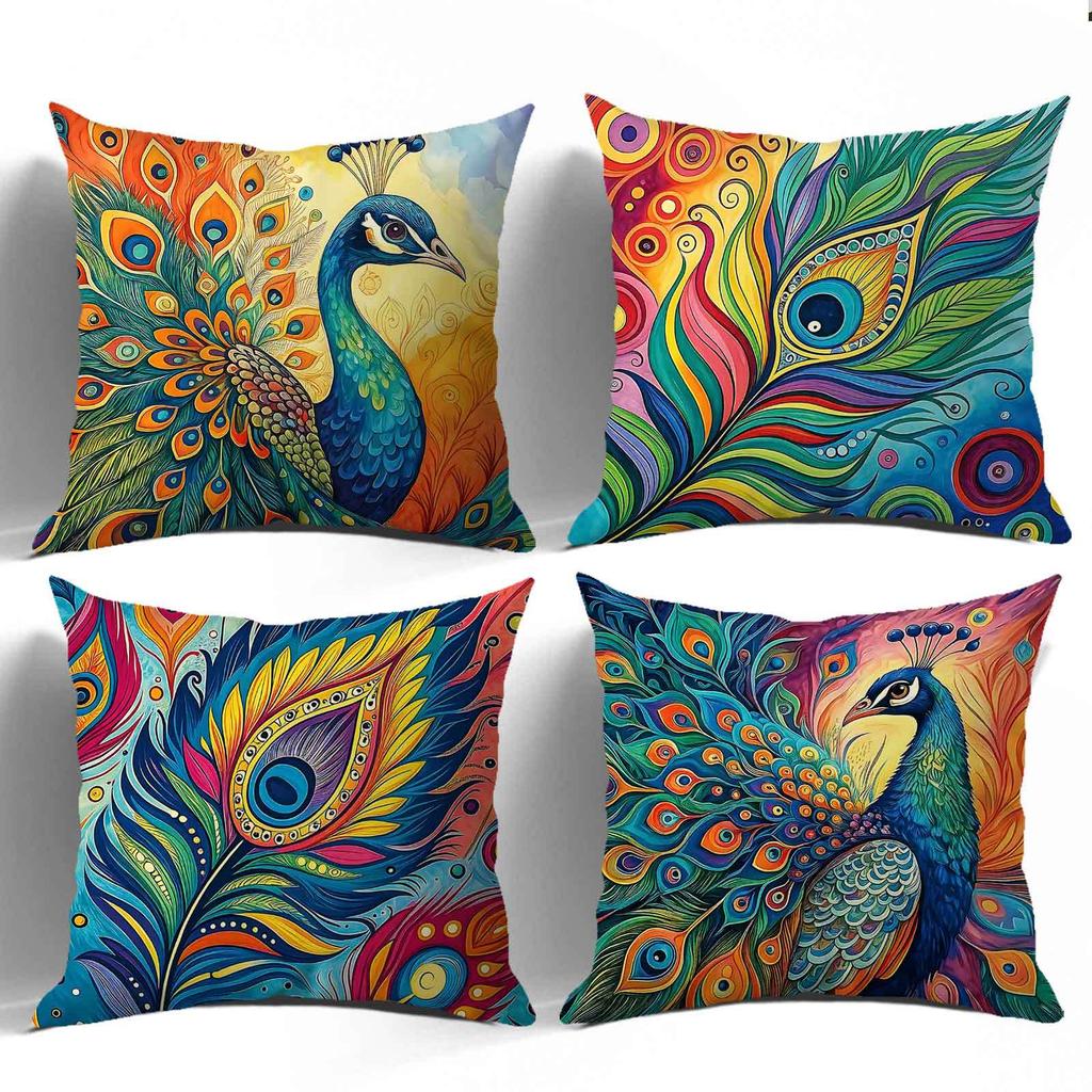 Bohemian-Style Peacock Theme Digital Printing Pillow Cover Short Plush Suitable Living Rooms Bedrooms Sofas Throw Cushion Cover