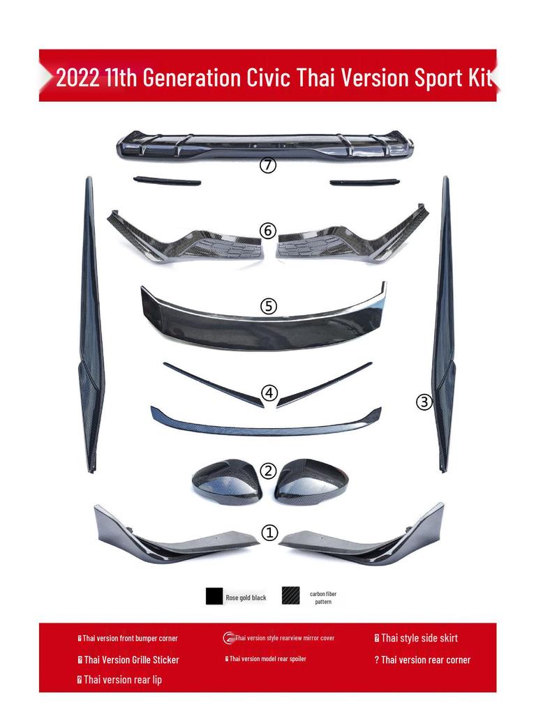 Комплект обвеса Civic 11-го поколения US Sport 2022 г.: Передний сплиттер, боковые юбки, задний спойлер и диффузор.