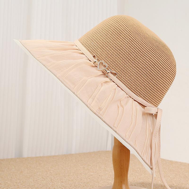 French elegant mesh straw hat seaside vacation photo artifact wide brim lace bucket hat women's temperament sunscreen hat