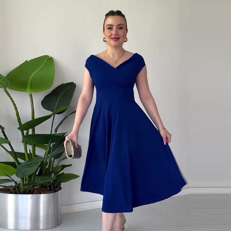2024 Европейское и американское платье в стиле Хепберн однотонное с V-образным вырезом и приталенное
