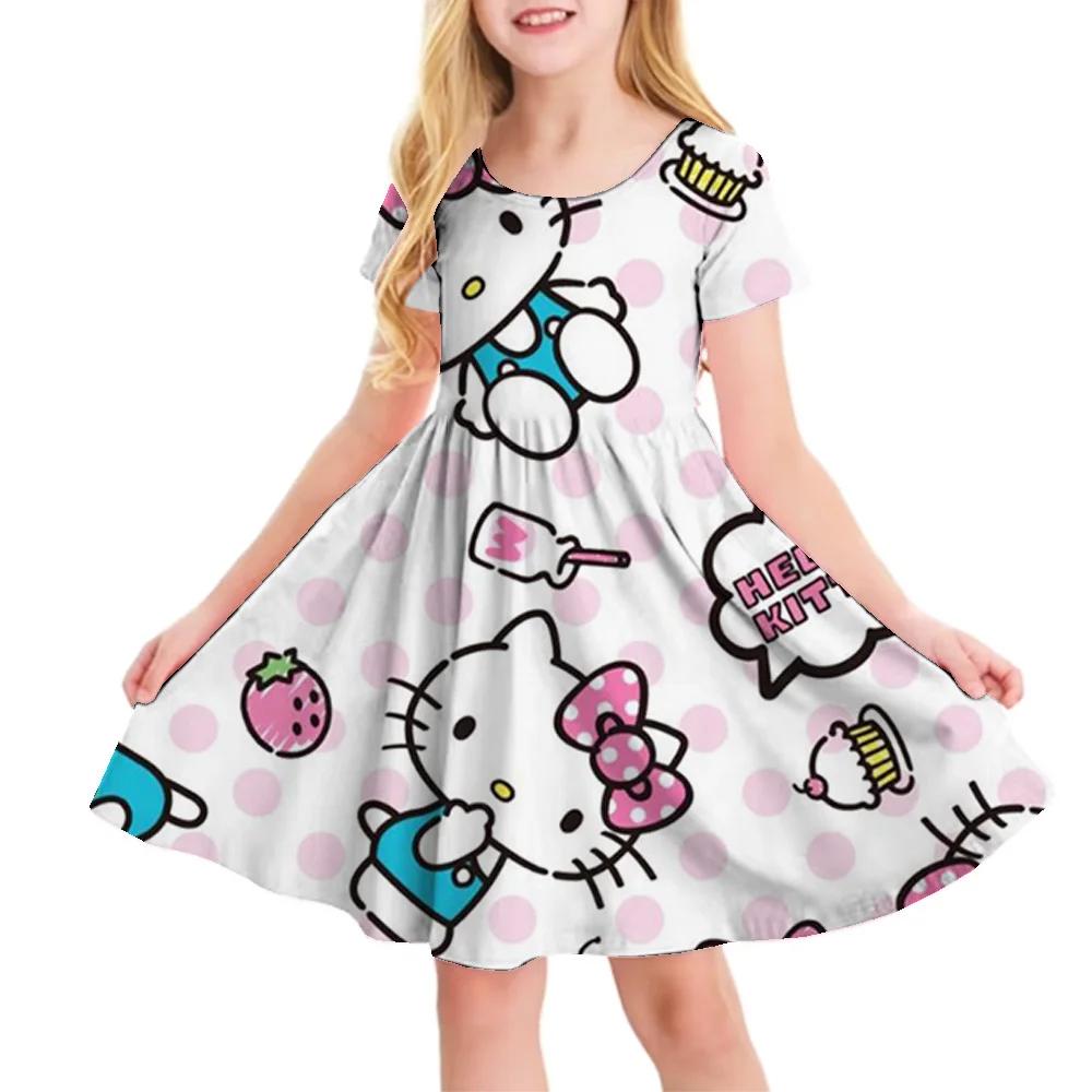 Sanrio Новое Летнее Платье для Девочек Модное Мультяшное Милое Киннаморолл и Хелло Китти Платье с 3D-печатью Детская Одежда с Коротким Рукавом Принцессы