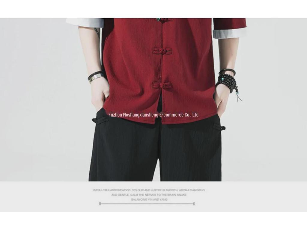 Мужская летняя рубашка из льна с коротким рукавом в стиле Тан - Топ в древнекитайском стиле Ханьфу