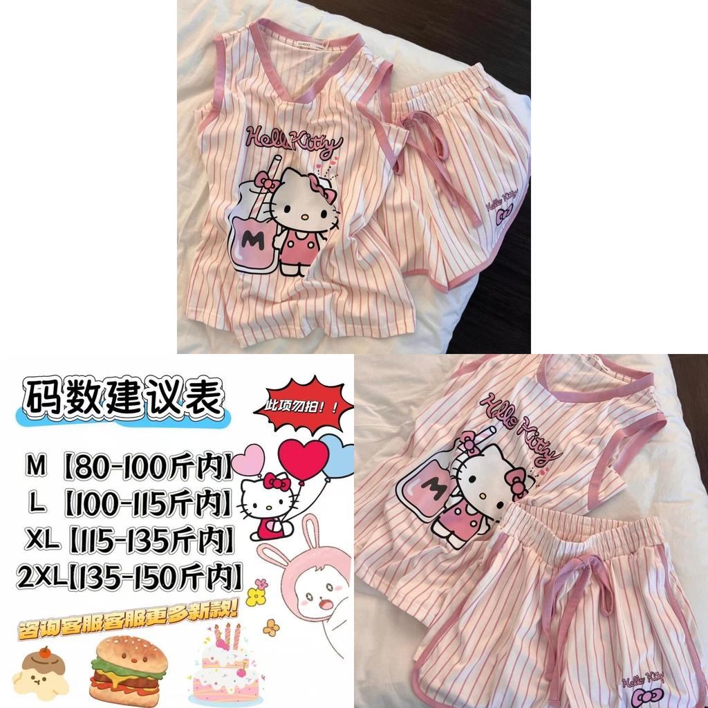 Набор пижам Hello Kitty для девочек со полосатыми хлопковыми шортами без рукавов, домашняя одежда