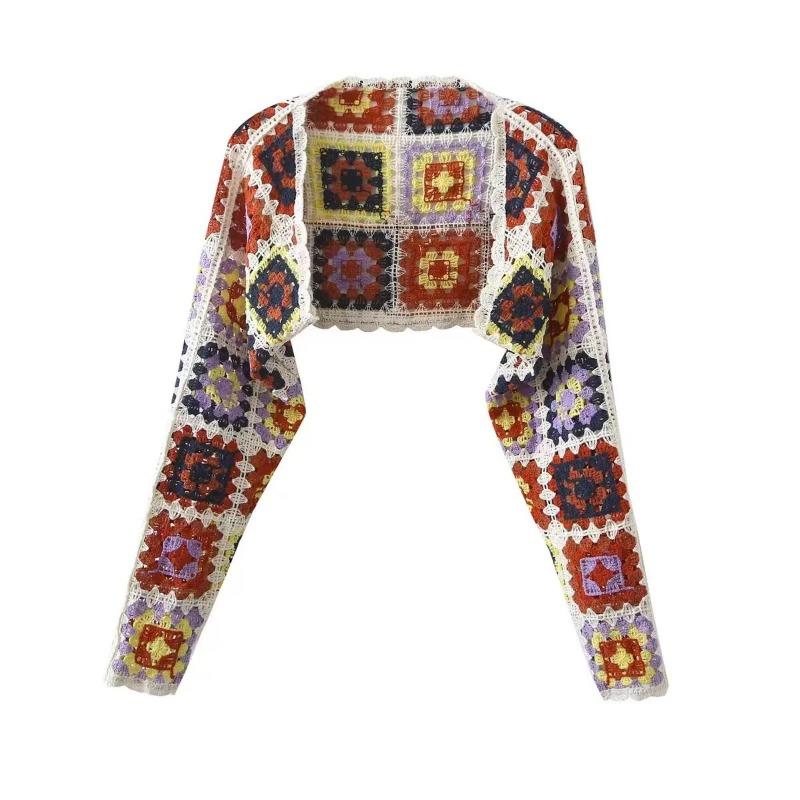 Винтажный красочный ажурный вязаный кардиган с длинными рукавами, женский осенний кардиган, короткие шикарные топы