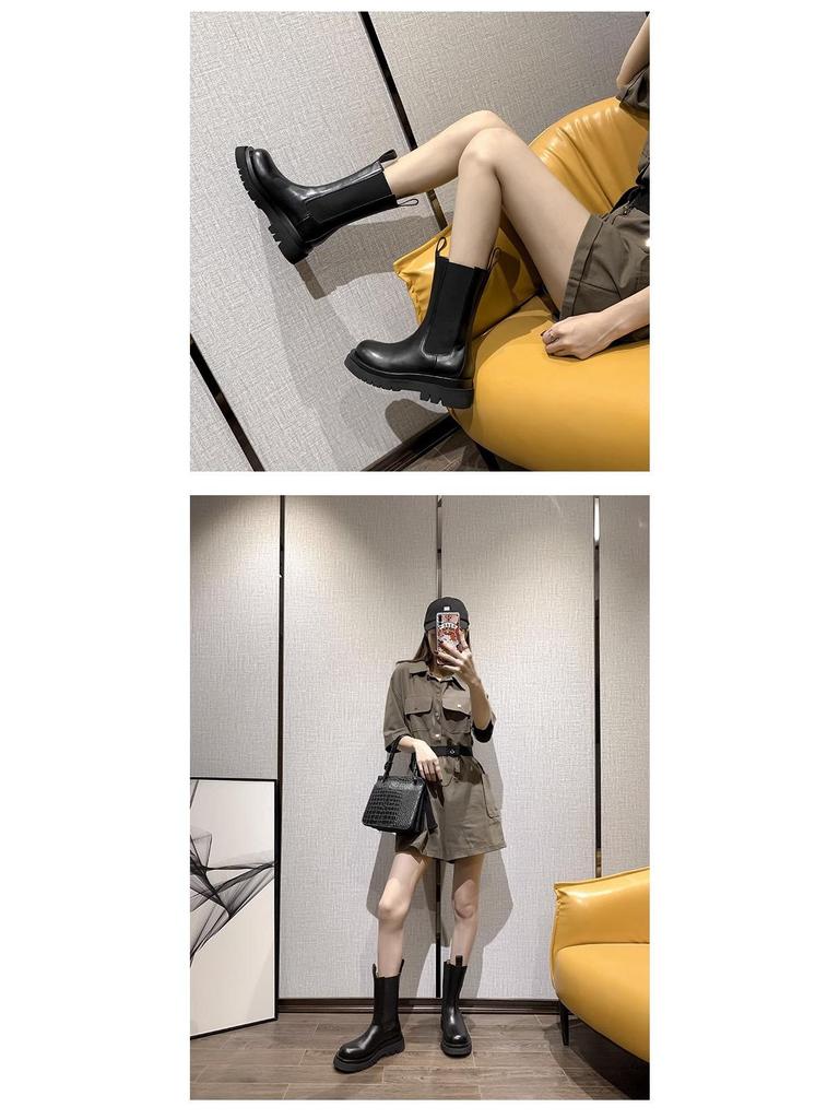 Mona Height-Boosting Women's Mid-Calf Chelsea Boots - British Style, Thick-Soled, Plus Velvet