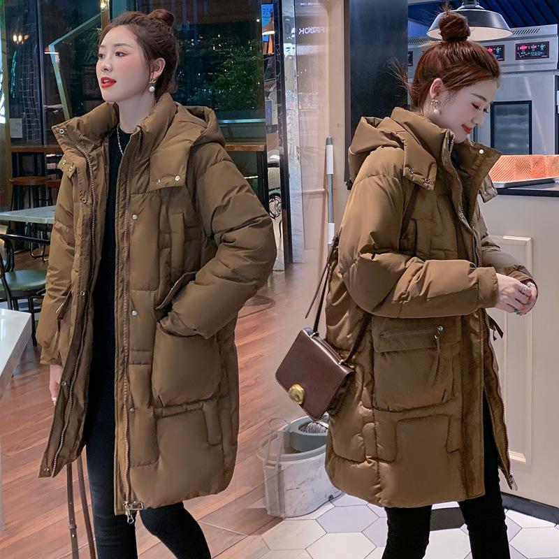 Women's Autumn And Winter Down Jacket Medium Length Hooded Coat Solid Color Loose Cotton-padded Clothes