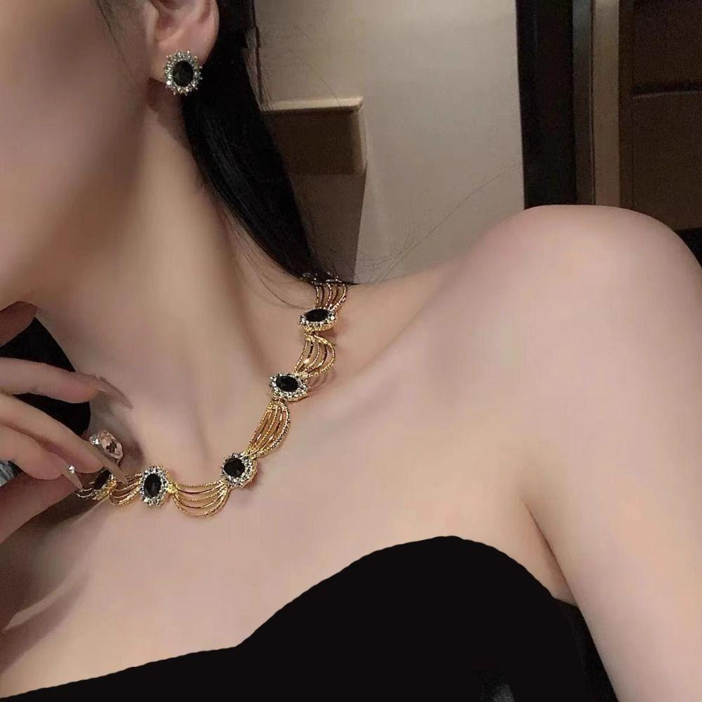 Geometric Necklace Earrings Set Gold-Tone Statement Jewelry Set Gemstone Necklace Set Formal Event