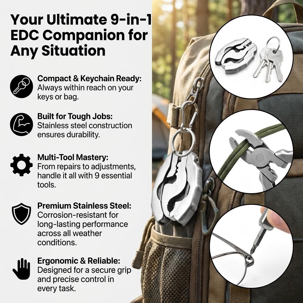 9 In 1 Stainless Steel Mini EDC Keychain Multitool Pliers For Outdoor Camping And Everyday Use