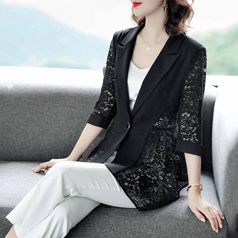 Blazer Suit for Women Slim Fit Long Sleeve Button Cardigan Solid Color Lace Suit Jacket