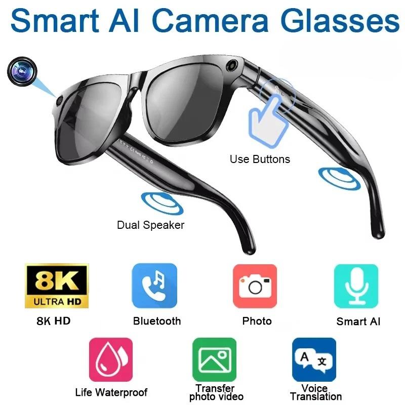 Smart 8K AI Glasses with 100W Camera Chat Gpt Touch Outdoor Sport Sunglasses Bluetooth Calling Music Player Image Stabilization for Men Women Gift