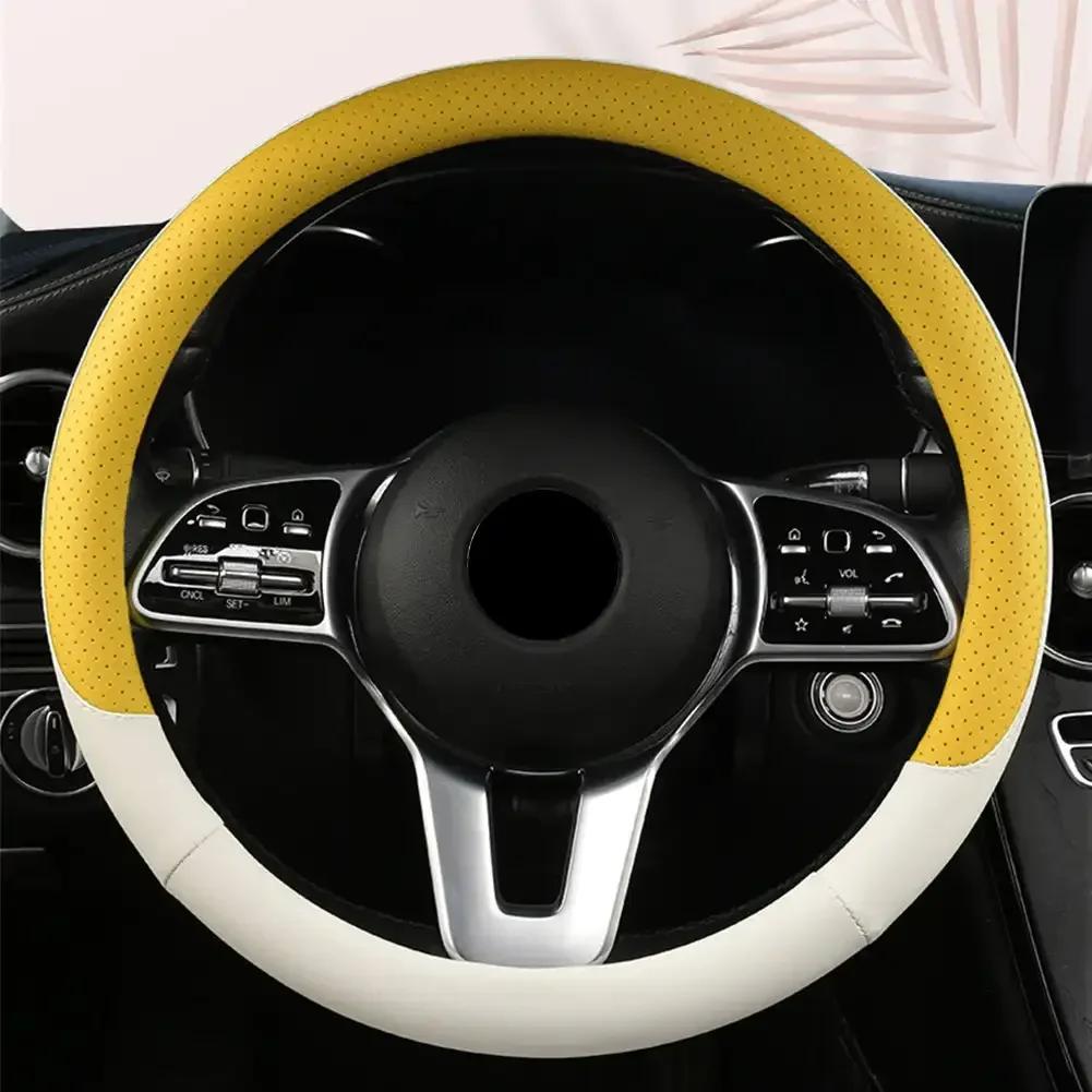 Perforated Nappa Leather Car Steering Wheel Cover Warm In Winter Cool In Summer Non-slip PU Leather Auto For 38cm Steering Wheel