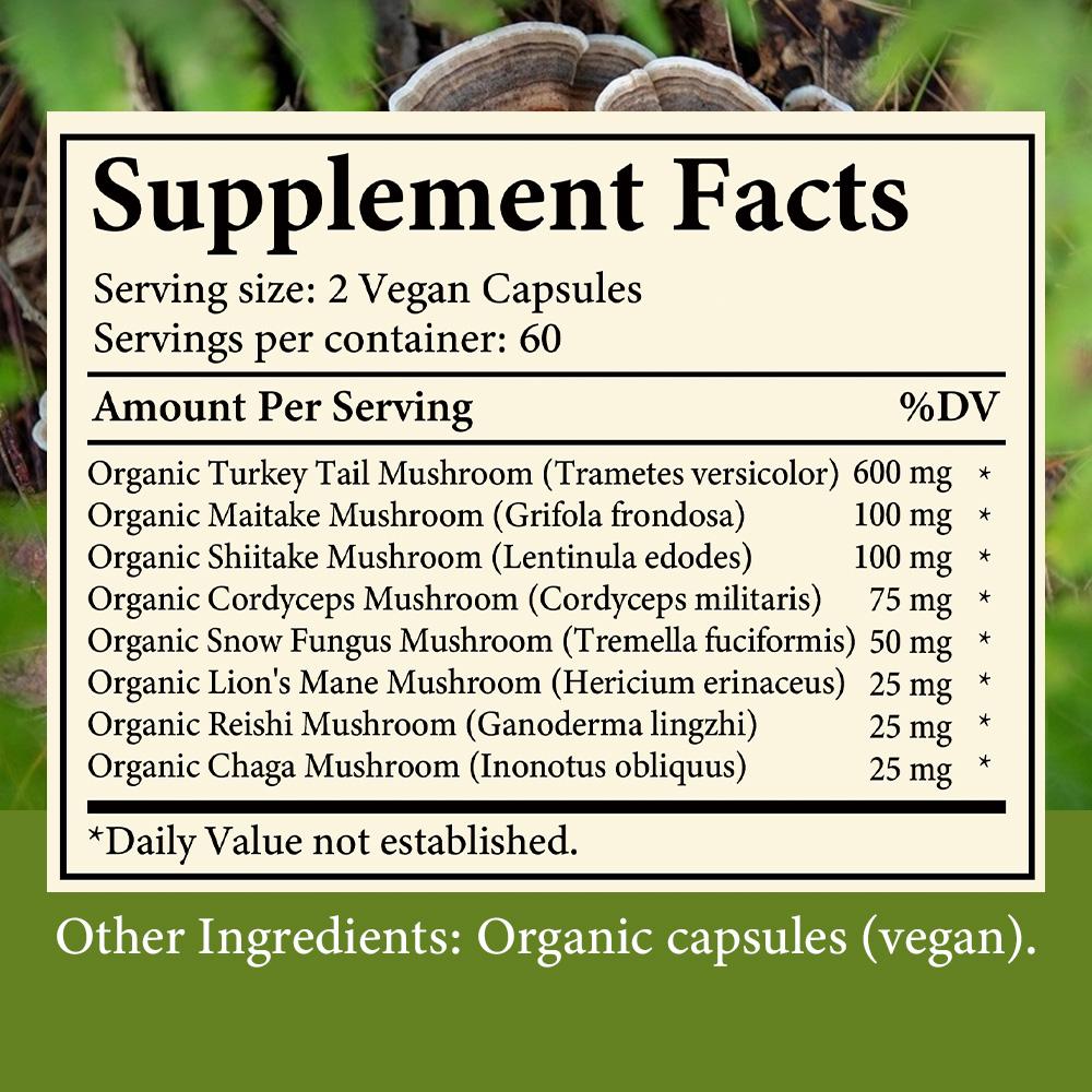 Organic 8 Mushroom Complex Blend 120 Vegan Capsules Dietary Supplement
