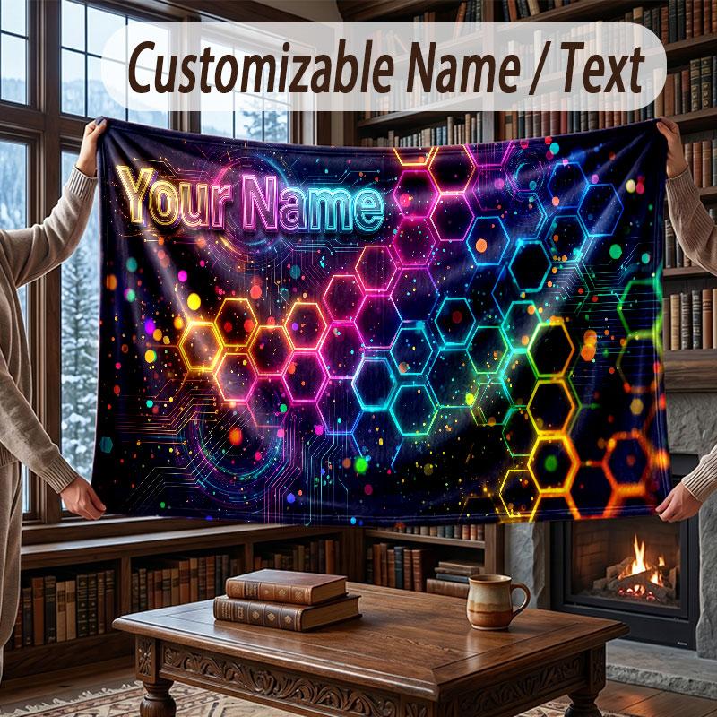 Abstract Geometric Theme Throw Blanket Custom Name Text Personalized Blanket Soft Cozy Blanket for Home Sofa Bed