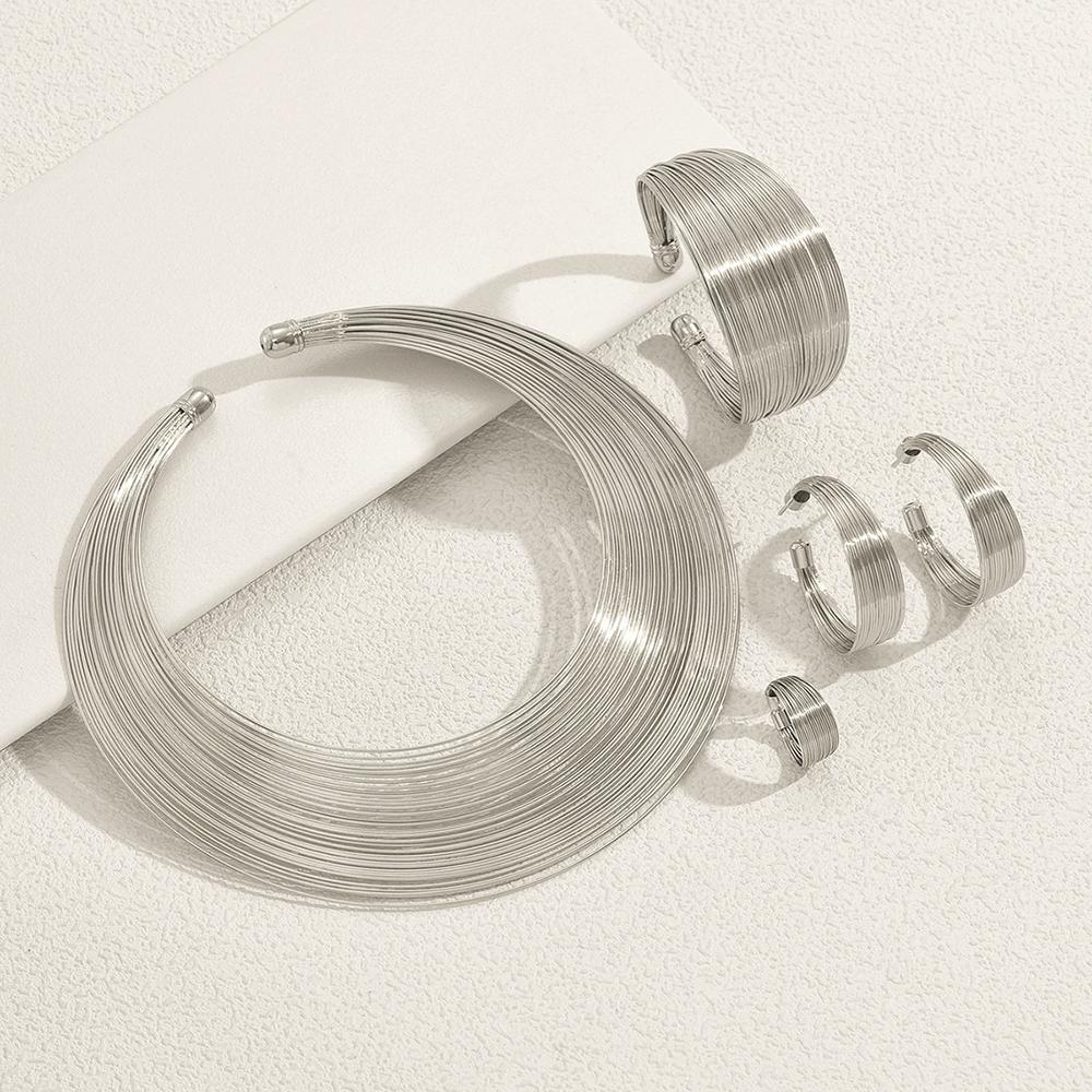 Fashionable Multi-Layer Metal Jewelry Set Geometric Line Collar Adjustable Opening Wristband For Women