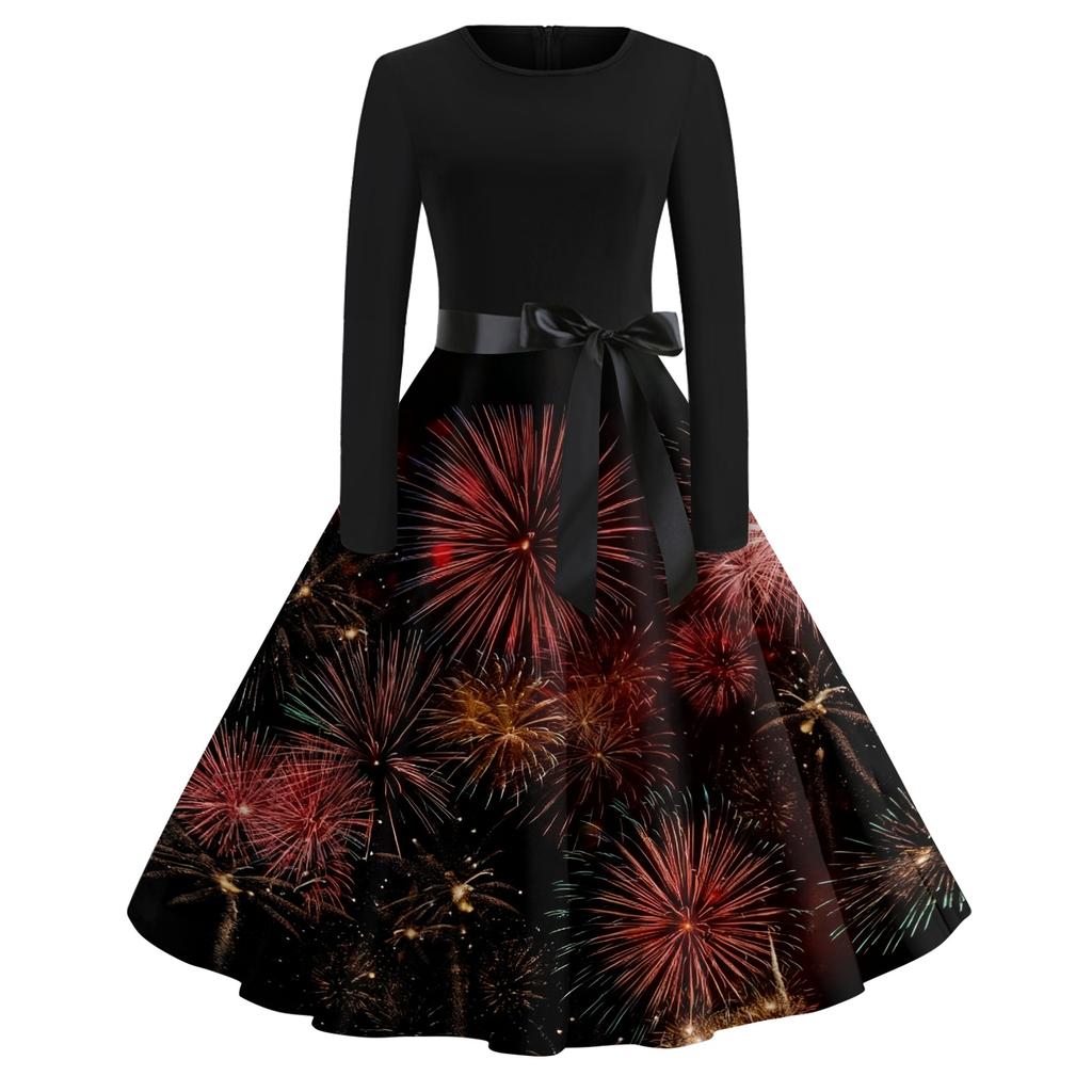 Женское повседневное модное платье с круглым вырезом и длинным рукавом с новогодним принтом в ретро-стиле
