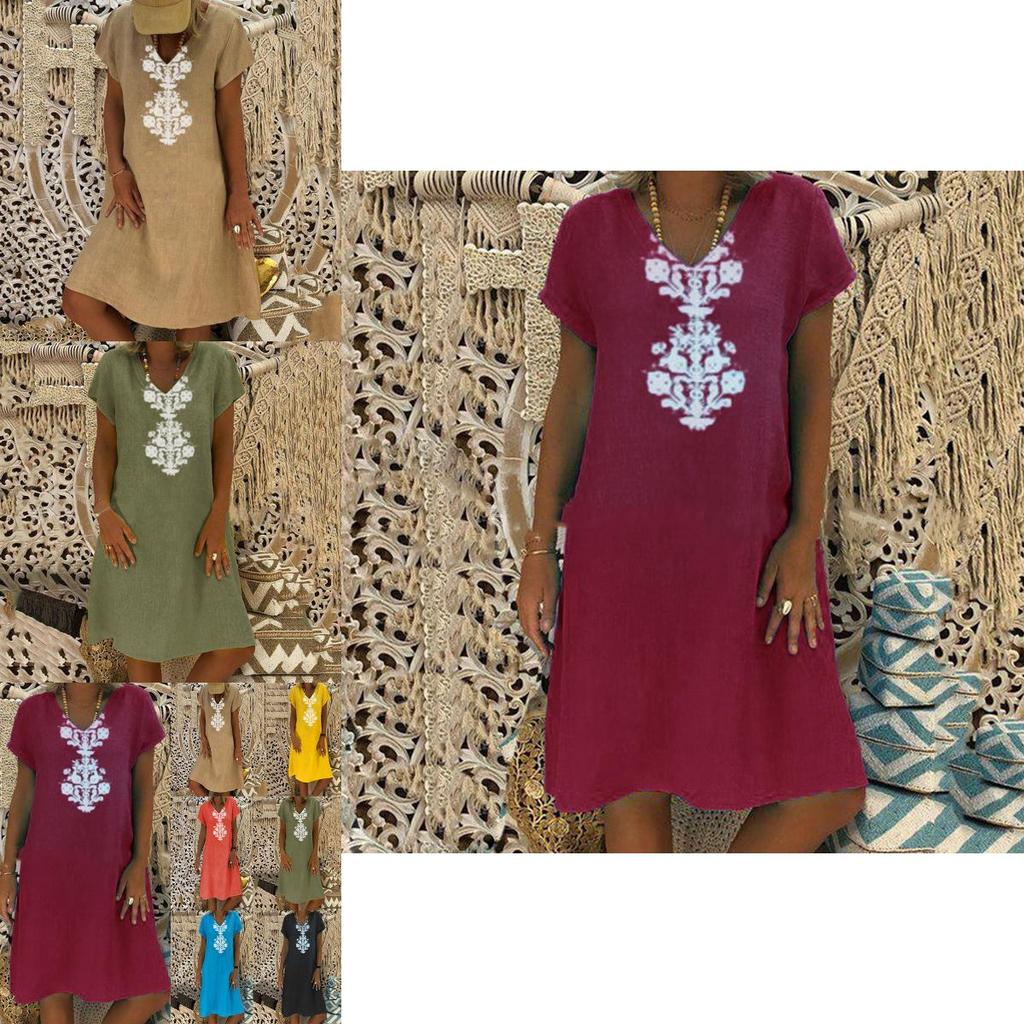 Premium Quality Women's Baggy Loose Short Sleeve V-neck Linen Kaftan Madi Dress For Effortless Beach Style