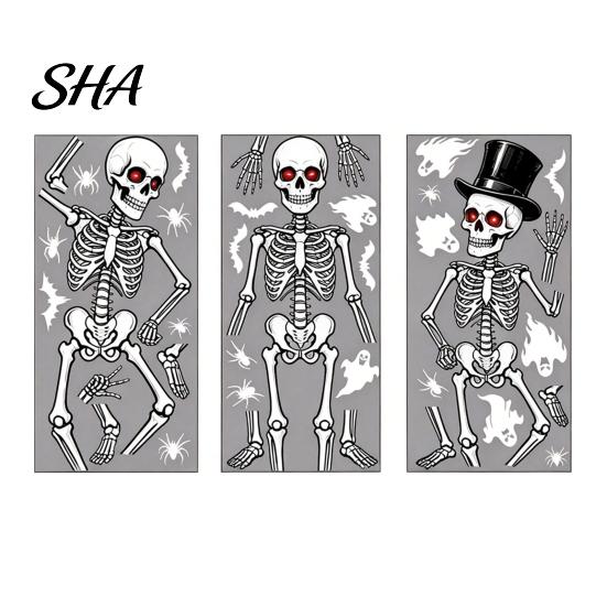 Easy Peel Glass Decal 3Pcs Halloween Skeleton Stickers, Waterproof PVC Window Clings, Static Decals, Wear-resistant Cling Removable Stickers for Home